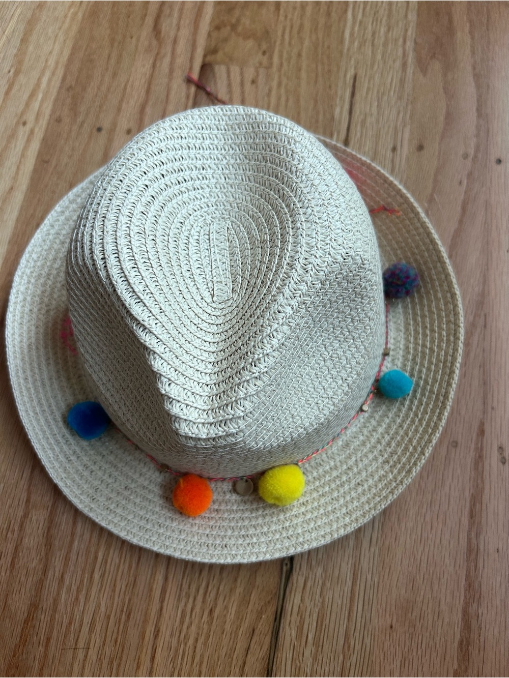 Aldo Cream Straw Fedora with Multicolor Pom-Poms
